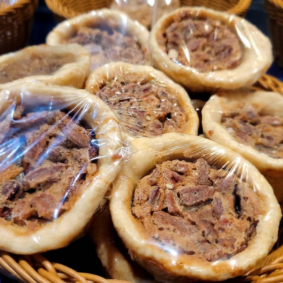 Basket of individually wrapped savory meat pies displayed at a market stall.