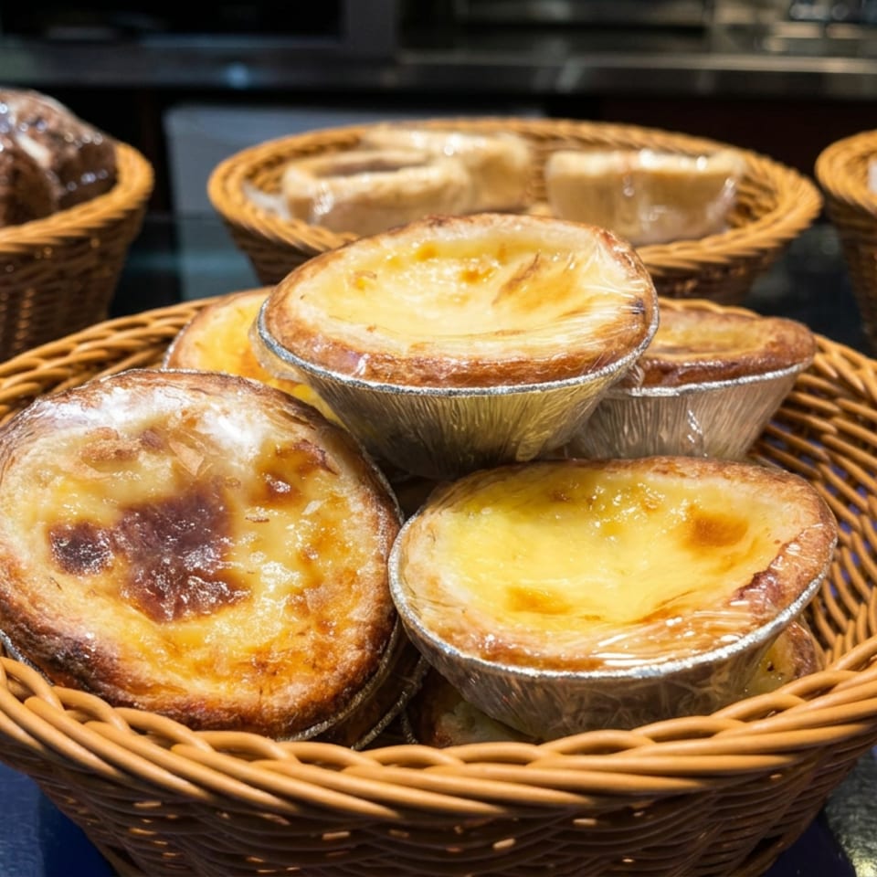 Golden custard tarts in foil cups arranged in woven baskets on a restaurant counter.